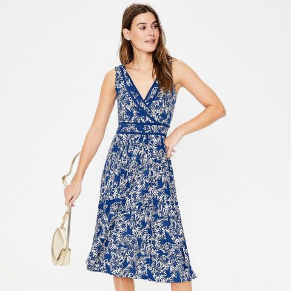 Lorna Faux Wrap Jersey Dress; Blue Lapis Bird Ottomi Print